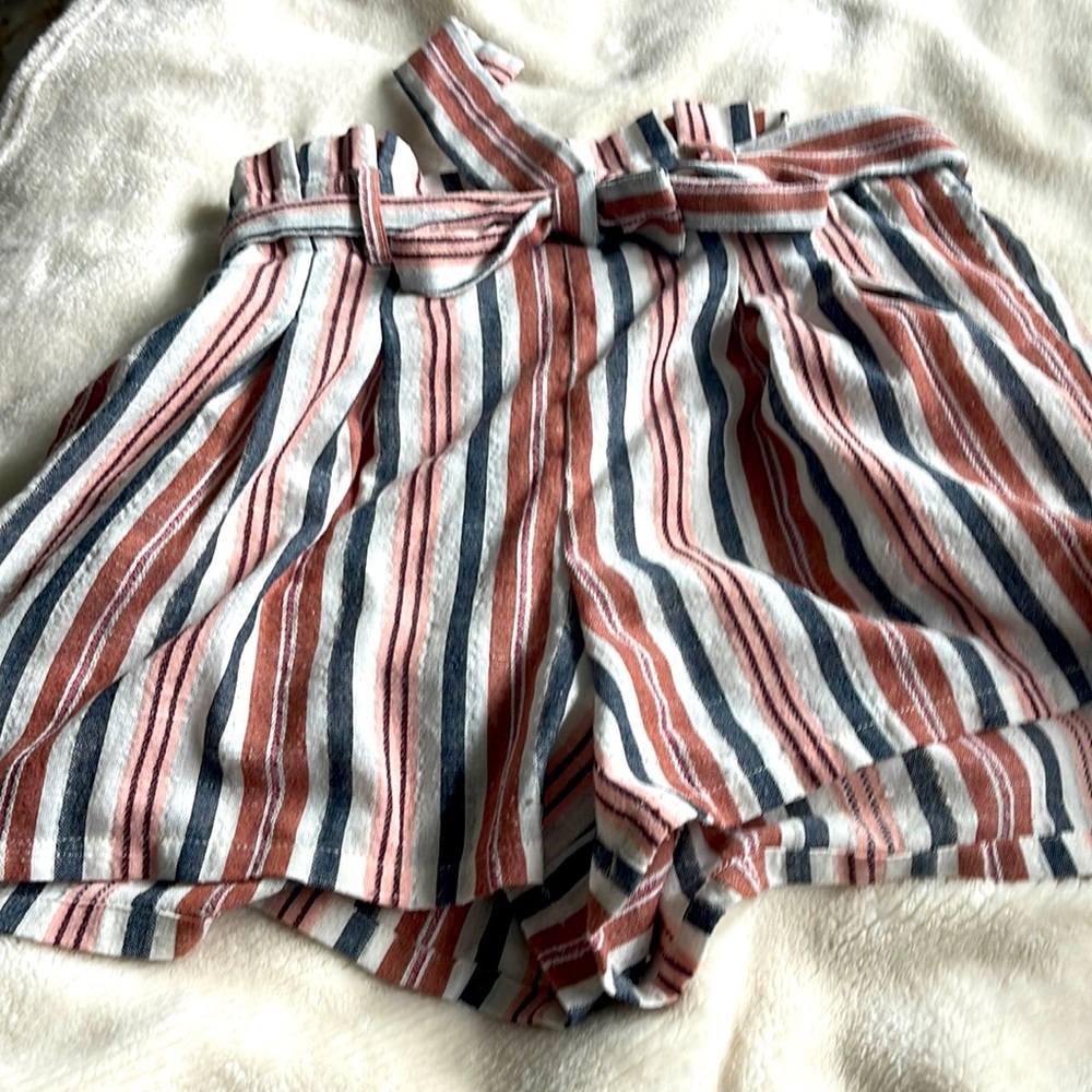 blue white pink brown and white striped shorts with belt